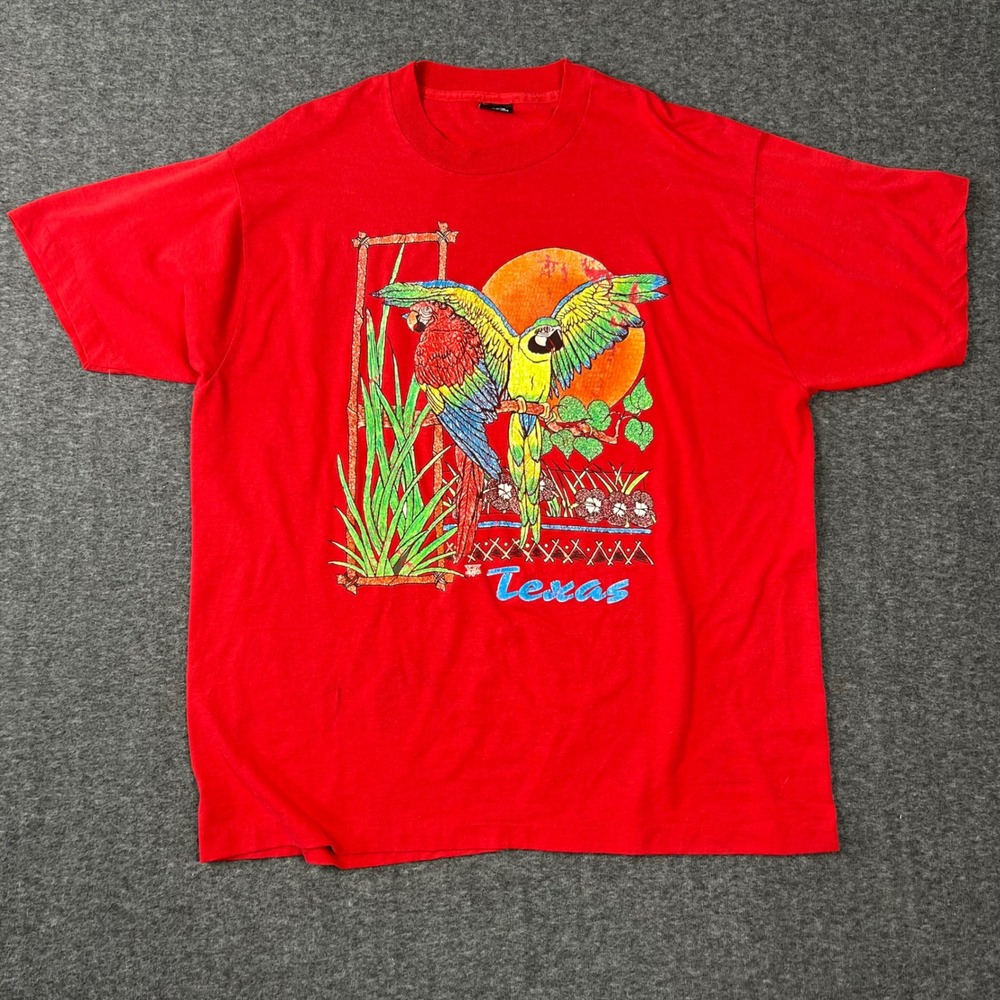 Vintage Texas T-Shirt Mens Large Red Single Stitch Made in USA Parrots - Picture 2 of 10